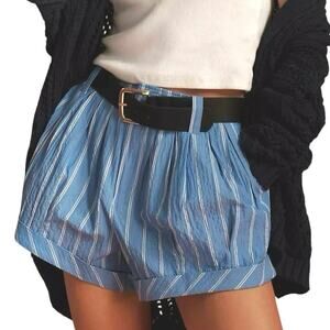 By Anthropologie NWT Blue Pleated Pinstripe Bermuda Shorts Cuffed Zipper Large